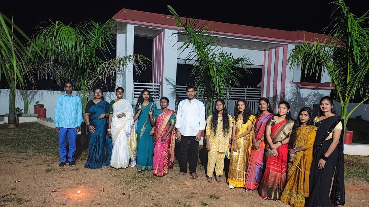 The institute building lit up during a festival celebration